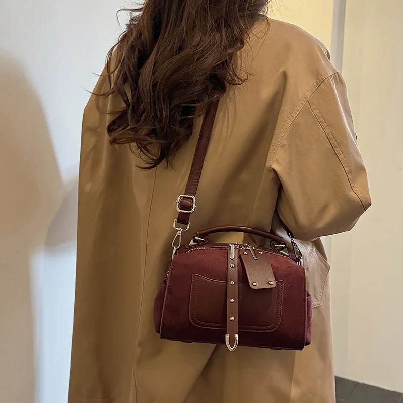 Women's Riveted Handbag, Suede Shoulder Bag, Fashionable Multi functional Diagonal Cross Bag, Pillow Bag