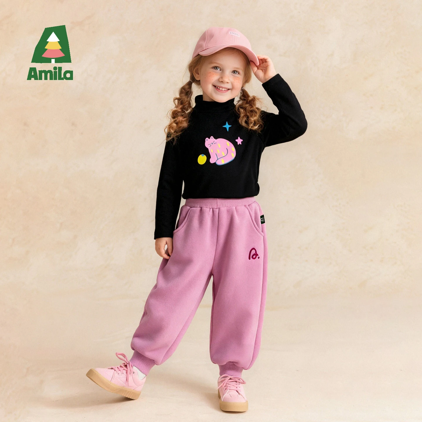 

Детские зимние однотонные плюшевые повседневные брюки Amila для девочек с разноцветными штанинами, свободные и универсальные