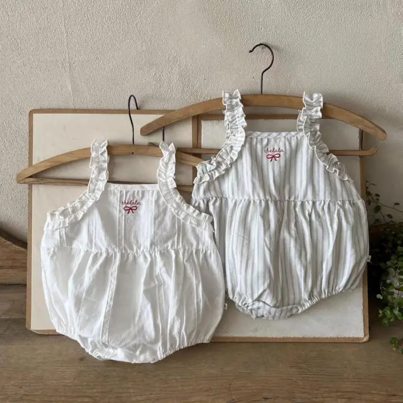 

2025 Summer New Baby Sleeveless Strap Bodysuit Cotton Striped Newborn Toddler Clothes Infant Girl Cute Bow Lace Jumpsuit 0-24M
