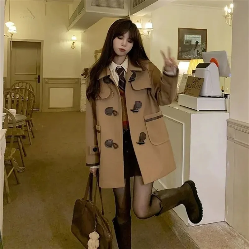 Winter Long And Short Cowhorn Buttoned Woolen Coat With Cotton Clip Slim Small Figure Korean Style Coat Female Trend Commuting