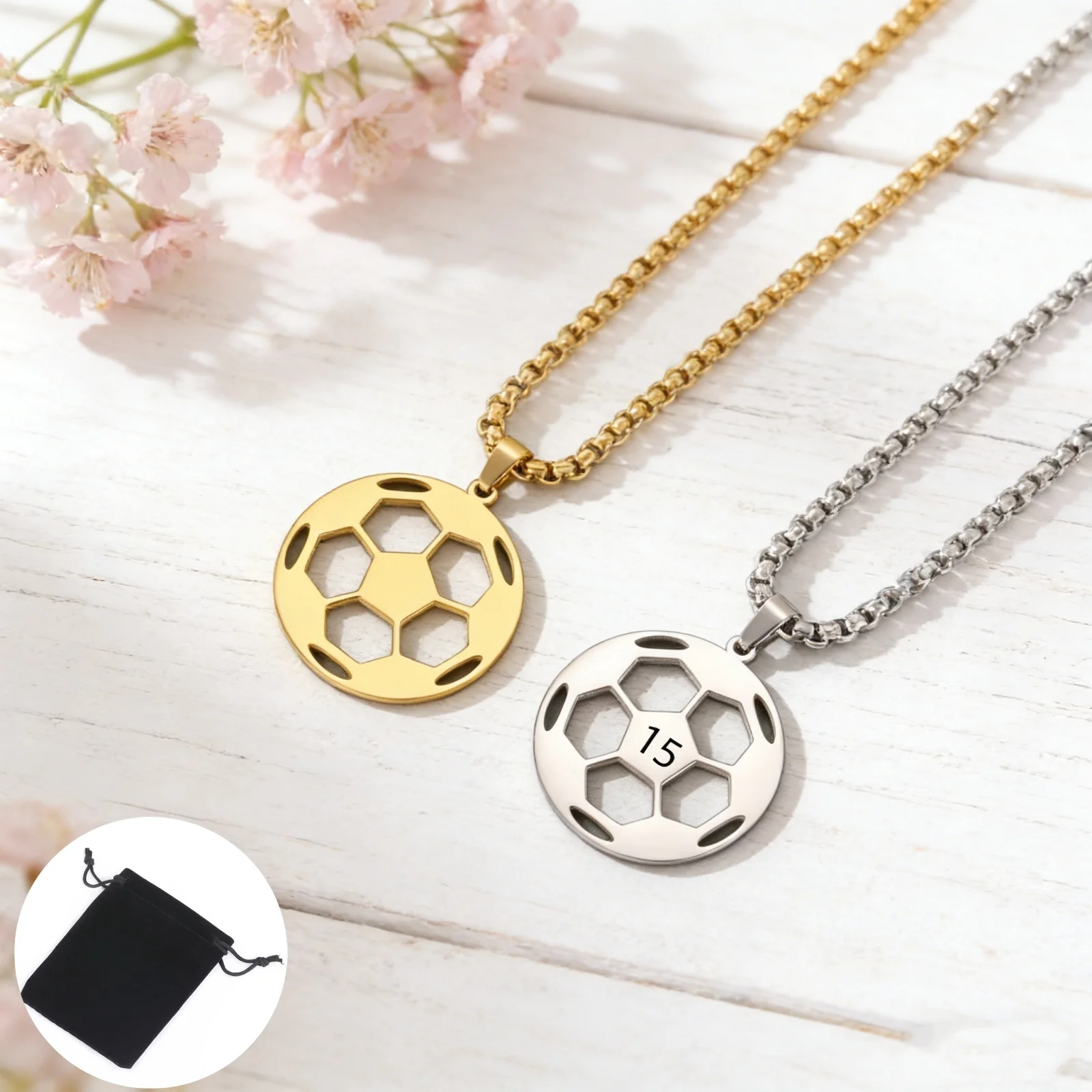Customized number letter men's football necklace stainless steel fashion hip-hop sports football box chain necklace gift