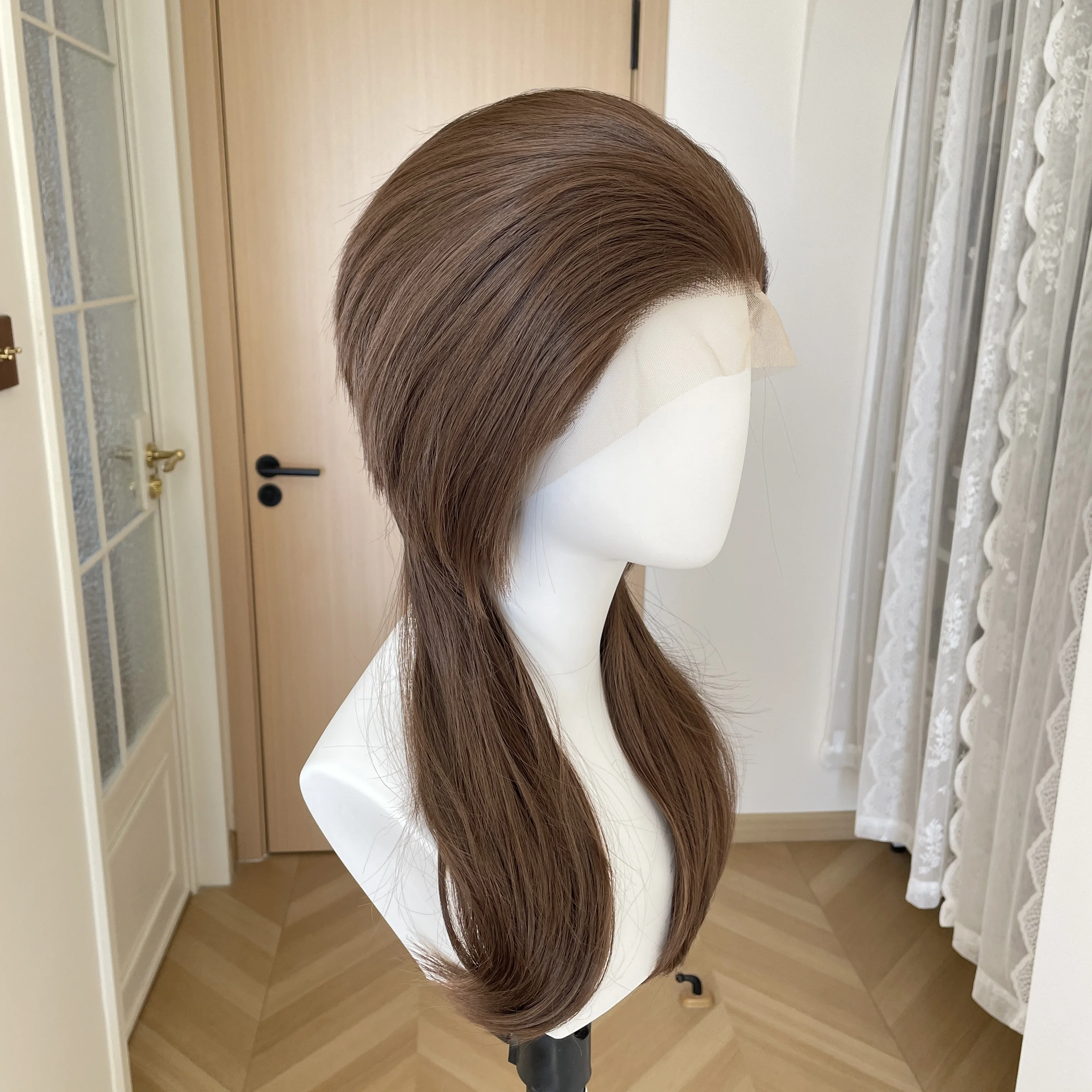 Light Brown Mullet Cosplay Wigs for Men 13x4 Synthetic Lace Front Wigs for Women Shoulder Length Short Curly Wigs with Ponytails