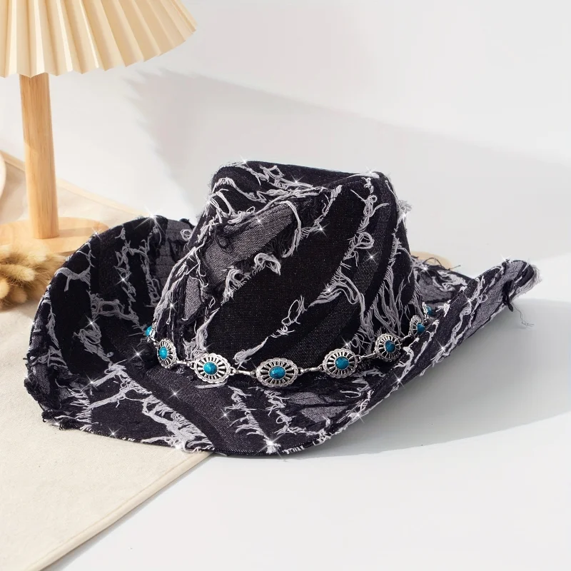 Handmade Distressed Tassel Fringe Drop Retro Rivet Turquoise Embellished Washed Denim Western Curled Brim Cowboy Sun Hat