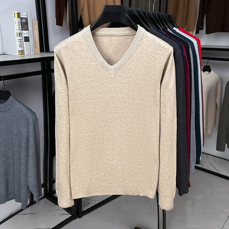 Autumn Male Plain V Neck Knit Jumper Long Sleeve Rib Trim Breathable Knitwear Suitable For Daily Office Commute Outfit