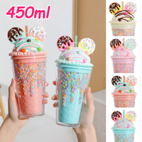 450ml Cute Straw Cup,Ice Cream Lids for Stanley Tumbler,Reusable Plastic Cups,Summer Drinkware Cold Brew,Girl Water Bottle Gift