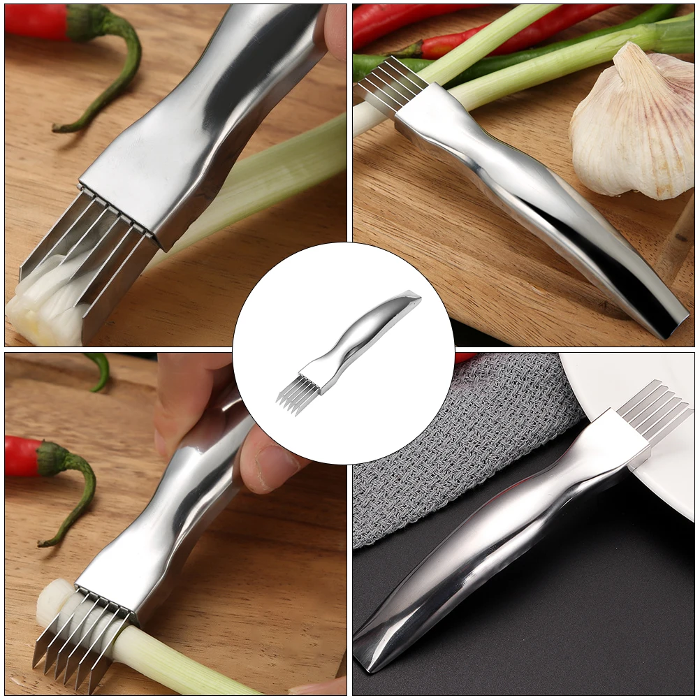 

2Pcs StainlessSteel OnionCuttingKnife ScallionCutter VegetableSlicer KitchenShredder FoodGrade NonSlipH