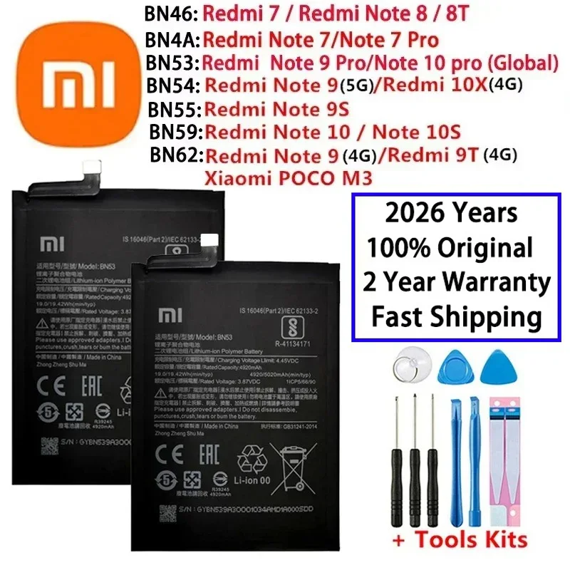 

2026 лет, 100% оригинальный аккумулятор BN62 BN53 BN59 для Xiaomi Redmi Note 7 8 8T 9 9T 9S 10 10S 10X 4G 5G Pro POCO M3 Батареи