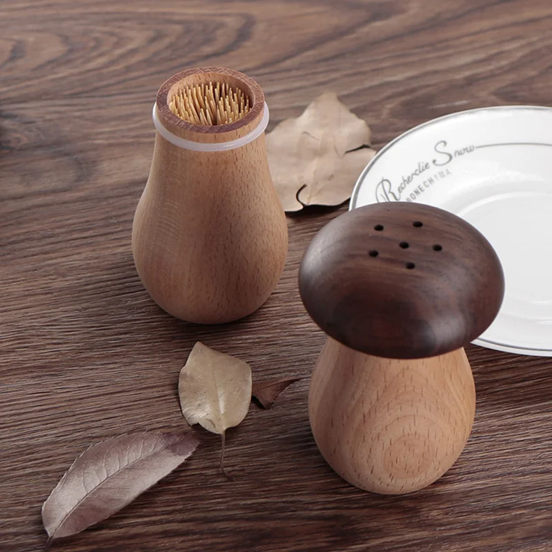 Wood Mushroom Toothpick Holder Creative Black Walnut Beech Toothpick Box with Hole Non-shedding Convenient to Use Home Supply