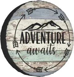 Adventure Awaits Wood Design Spare Tire Cover Universal Fit for Cars Wrangler Rv SUV Truck Travel Trailer and Vehicles 14-17inch