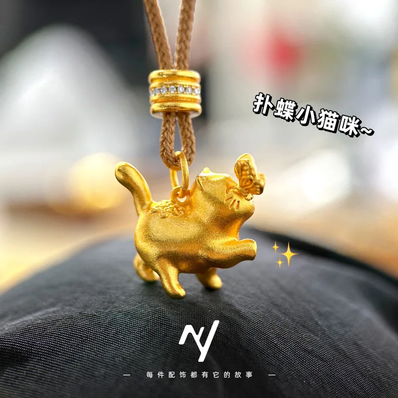 Colgante de mariposa y gato de oro macizo 24K 9999, diseño antiguo y adorable, para cadena de suéter