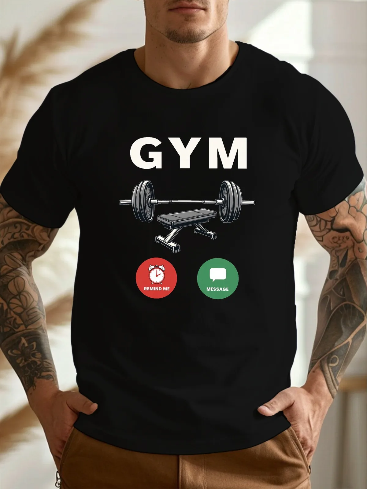 Men's Gym-Themed T-Shirt with GYM Bench Press & Barbell Icons - Black & White Workout Design, Short Sleeve Round Neck Casual Fit