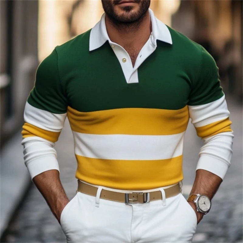 2026 New Striped Graphic Polo Shirts For Men Fashion Autumn Long Sleeve 3D Printed Golf Polo Loose Breathable Business Tops