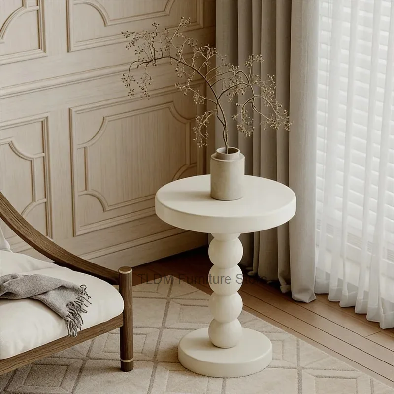 Modern Cream Side Table with Sculpted Ball Pedestal Base, Round Tabletop, Minimalist Design, Table for Living Room, Bedroom