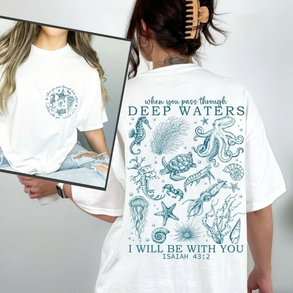 T-shirt Femme Chrétien Thème Animaux Marins et Vie Costière, Tendance Plage, avec Verset Biblique sur Jésus, Vêtement de Foi
