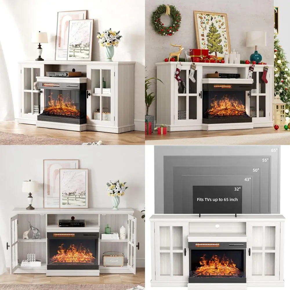 Glass ireplace TV Stand or TVs up to 65 Inch, Media Entertainment Center with Storage, White Wash