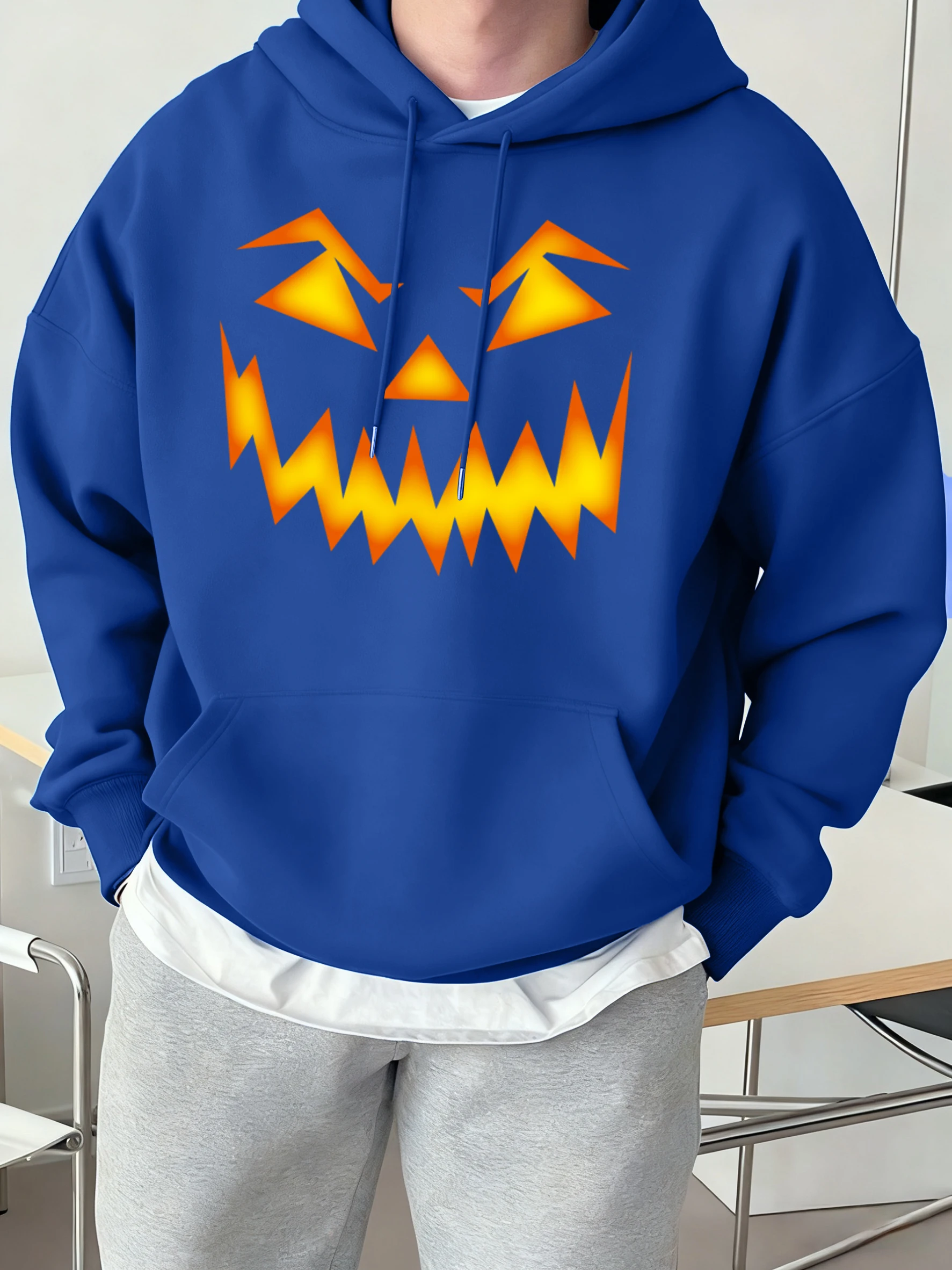 Halloween Pumpkin Lamp Pattern Hoodie Men Street O-Neck Pullover Fleece All-Match Fashion Tee Unisex Autumn Warm Long Sleeve