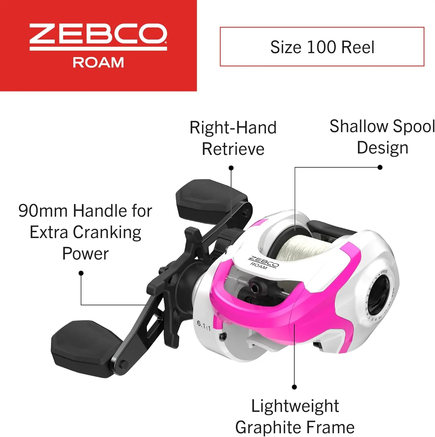 Baitcast Reel and Fishing Rod Combo, 6-Foot 6-Inch 2-Piece Rod, DynaMag Cast Control, 6.1:1 Gear Ratio, 12-Pound LinePink, Right