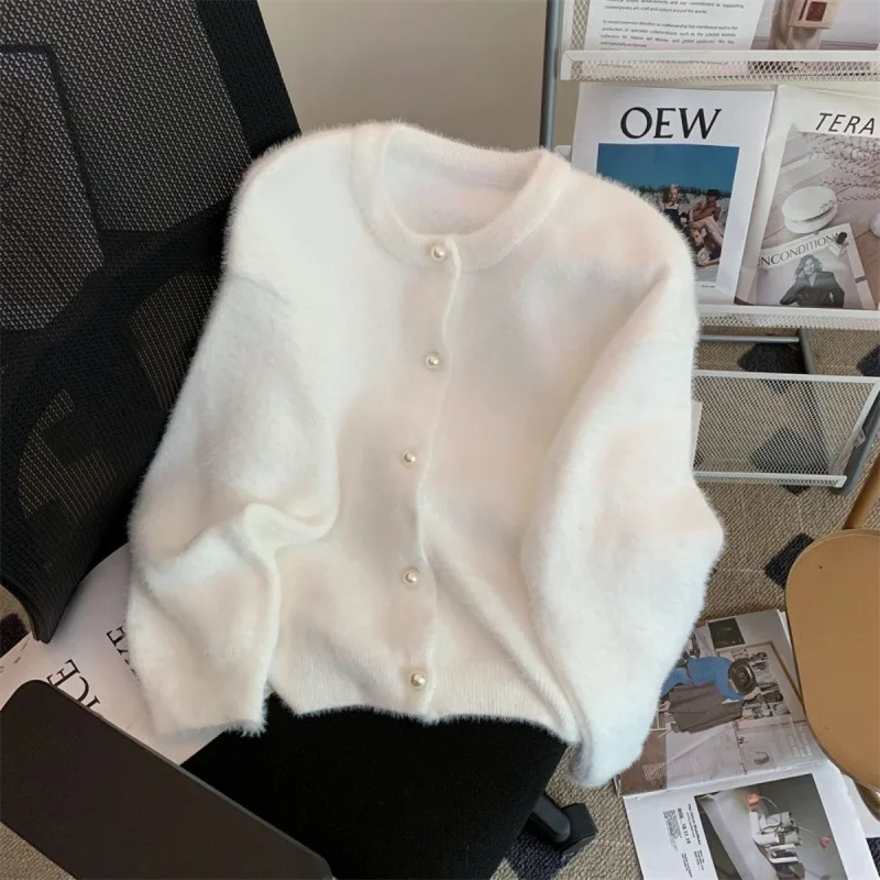 Autumn And Winter Lazy Knitted Jacket Imitation Mink Velvet Knitted Sweater Solid Color Round Neck Pearl Button Cardigan