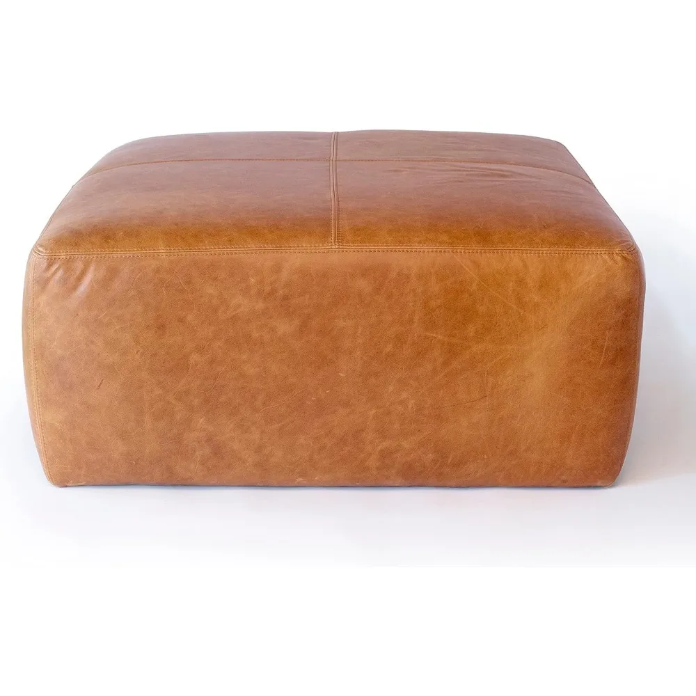 POLY & BARK Sequoia Ottoman in Full-Grain Pure-Aniline Italian Tanned Leather in Cognac Tan