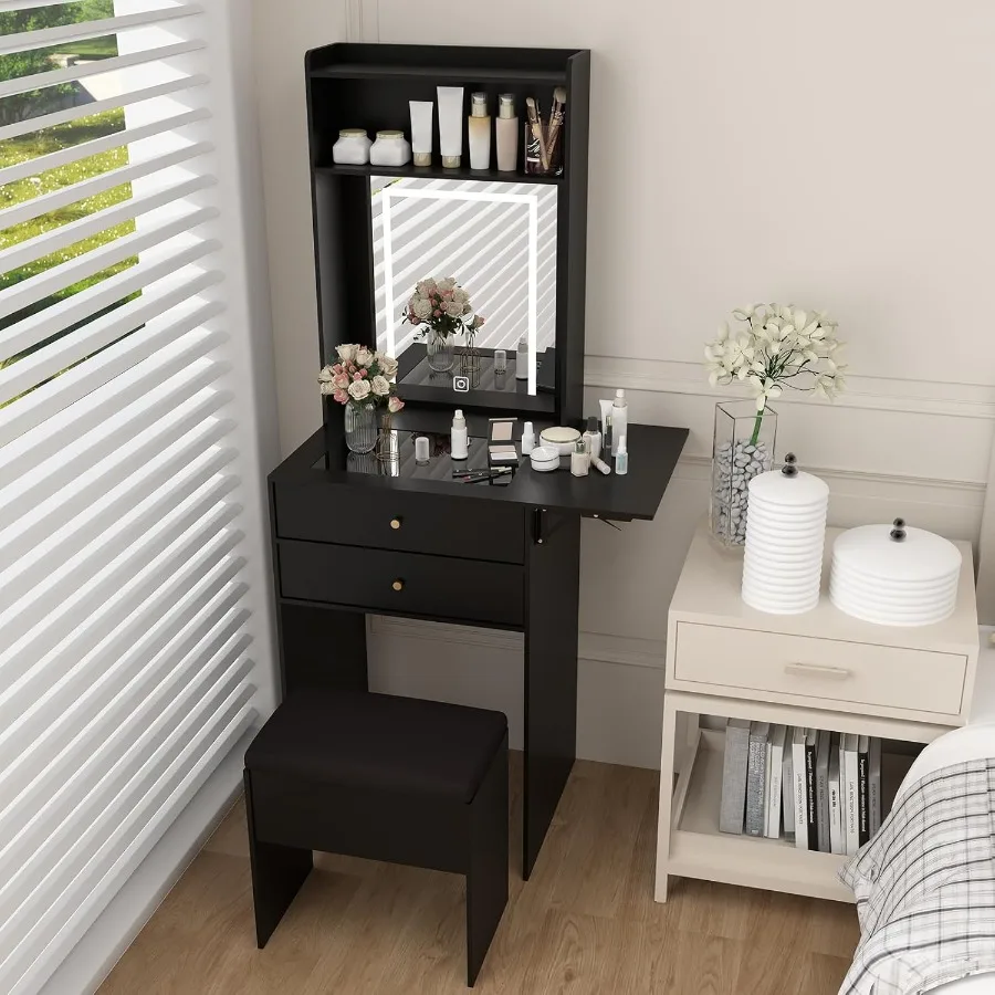 مجموعة مكتب صغيرة الحجم مع 3 مرايا مضاءة قابلة للتعديل وكرسي تخزين لغرفة النوم صغيرة للمكياج باللون الأسود مع F #6