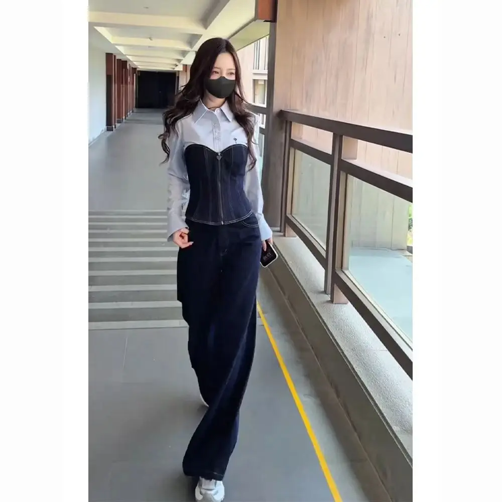 Blau Denim Patchwork Hemd Schlank Taste Zipper Denim Jacke Frauen Bluse Langarm Polo Kragen Koreanische Casual Frauen Mäntel Frühling