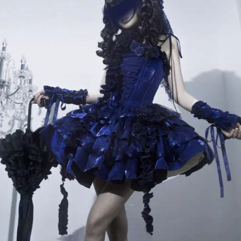 فستان على الطراز الفيكتوري لوليتا الحلو للنساء على الطراز القوطي Y2k الكشكشة زهرة الورد فساتين الأميرة النحيفة على الموضة اليابانية فستان قصير للحفلات