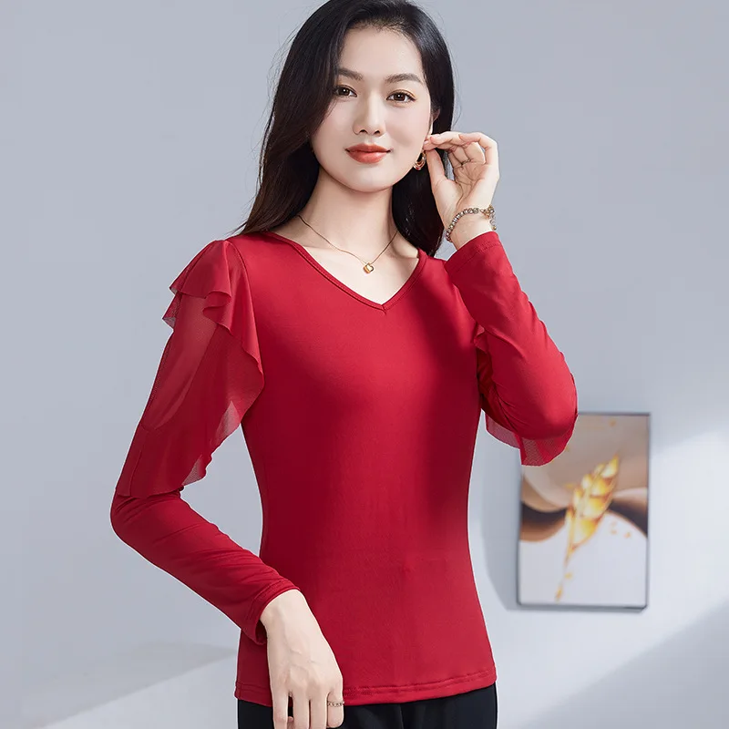 Women's Fall Ruffle Hem Dance Blouse V-Neck Long Sleeve Soft Stretchy Material Perfect for Ballroom Training Daily Styling