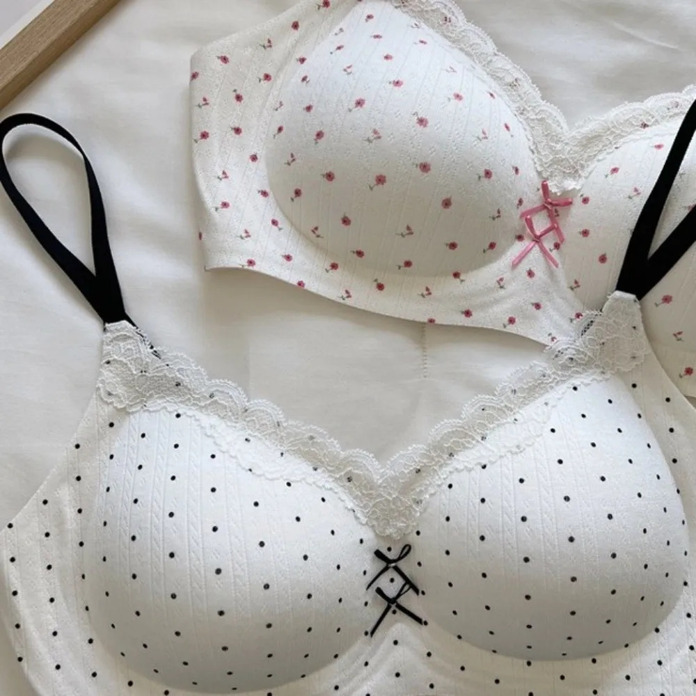 Traceless Lace Wireless V Bra Flower Bow Shockproof Lace Floral Print Bra Gathered Breasts Dots Pattern Brassiere for Women