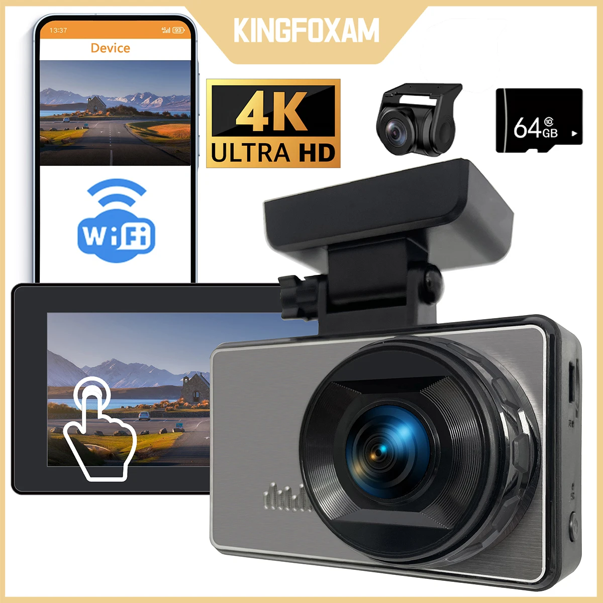 KINGFOXAM Dash Cam for Car Reverse Camera 4K Front and Rear G-sensor Parking guard Monitor MINI DVR WIFI With 64GB Memory Card