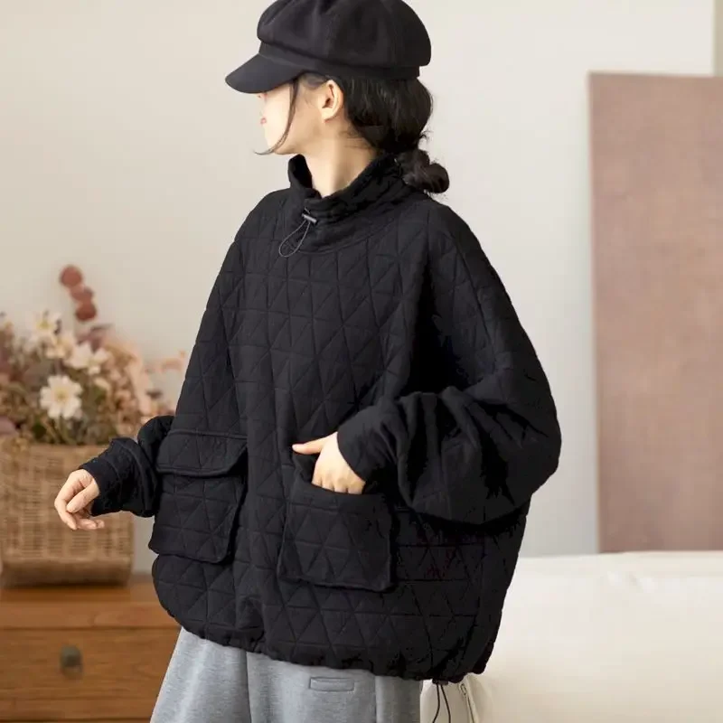 Herfst Winter Trendy Truien Vrouwen Losse Oversized Trui Jas Mode Diamant Raster Trekkoord Tops Dikker Opstaande Kraag