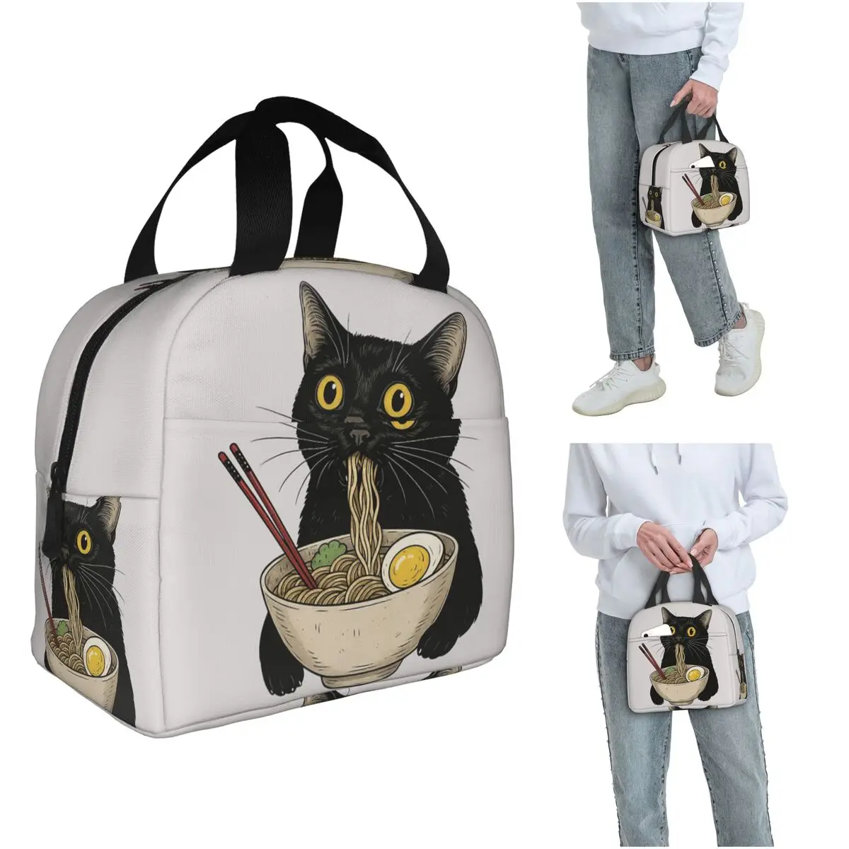 An Adorable Cat Relishing A Bowl Of Ramen Insulated Lunch Bag for Women Children Portable Food Boxes Thermal Lunch Box Tote