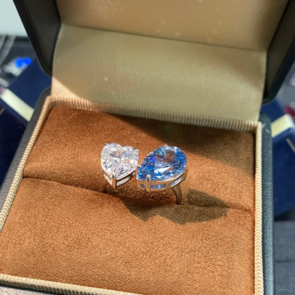 St. Mary's Sea Sapphire Ring - Women's PT950 Platinum Open-ended Adjustable Heart-shaped Drop Diamond Ring