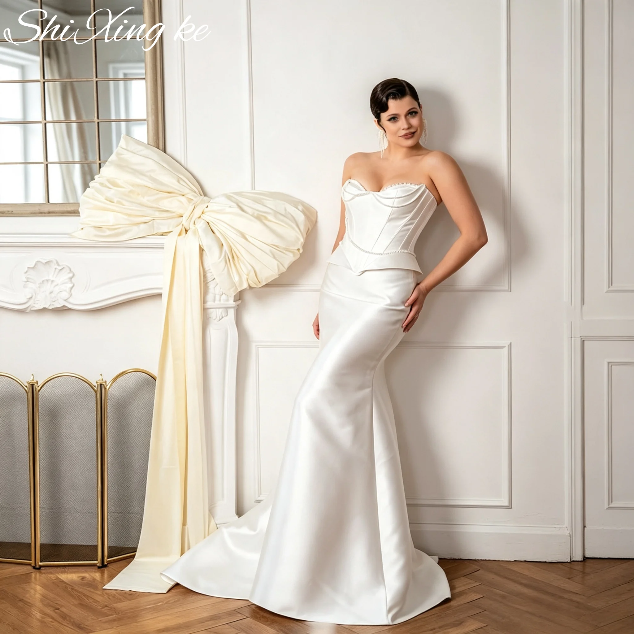 Vintage Classic Strapless Mermaid Bridal Gown 2026 Basque Waist Pearl Chain Satin Vestidos De Novia Customized