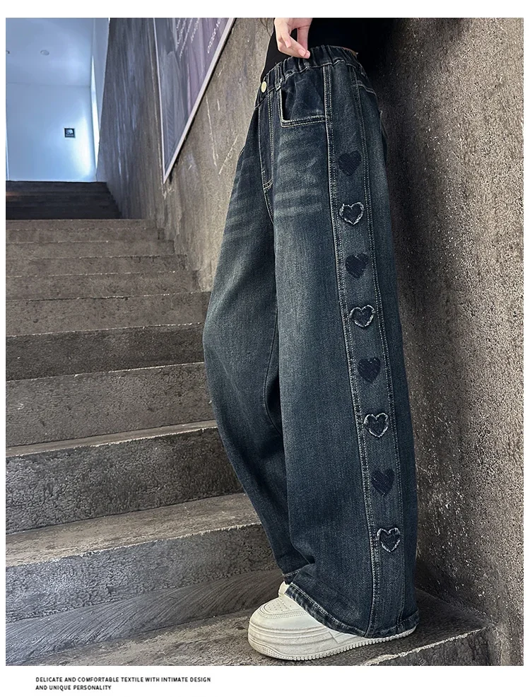 ZOETOPKID Herbst Teenager Mädchen Herz Jeans Mode Retro Weites Bein Gerade Denim Hosen Kinder Casual Streetwear Jeans Hosen – Detail 7