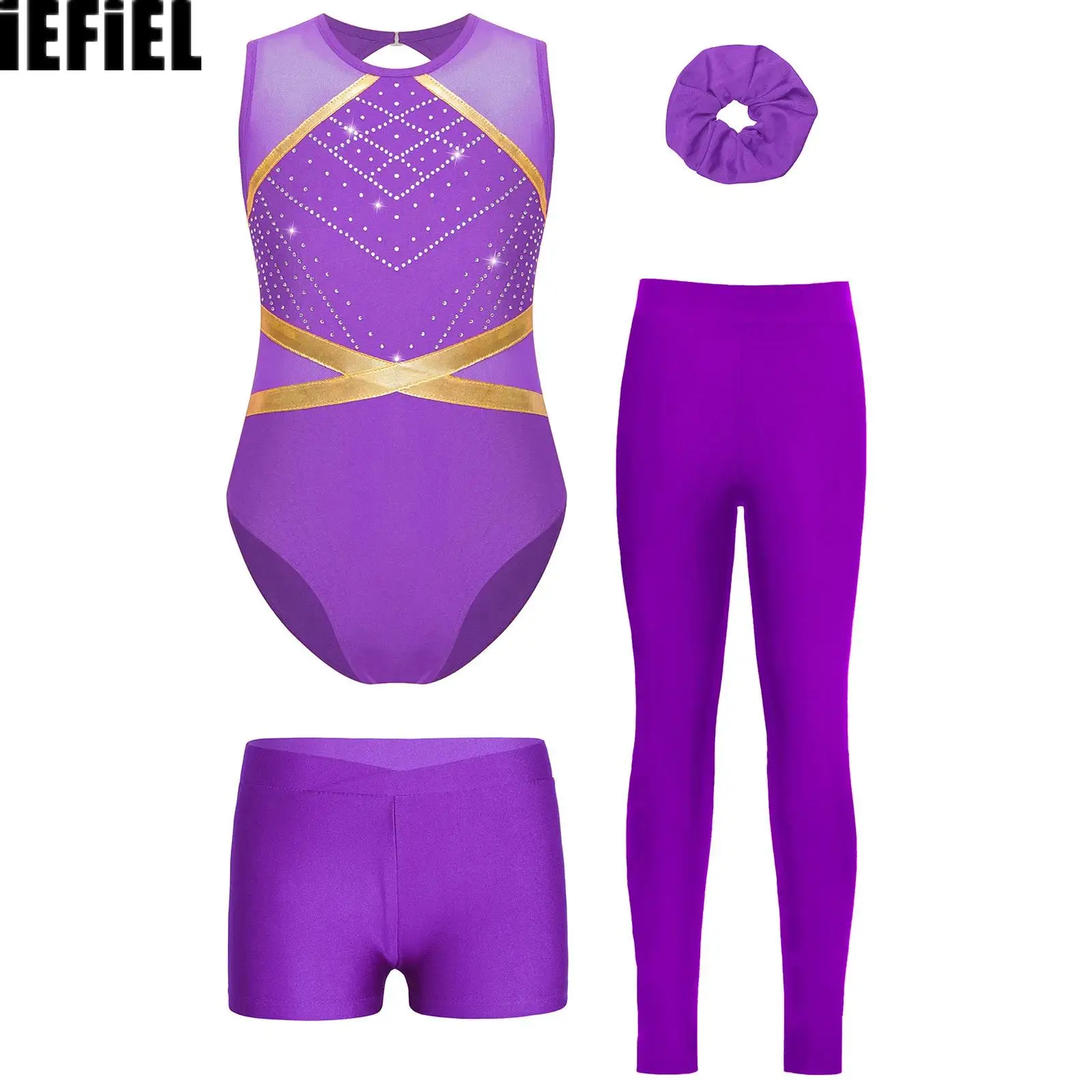 

Kids Girls Figure Skating Dance Sets Patchwork Sleeveless Glittery Rhinestones Leotard with V-front Shorts Leggings And Headwear