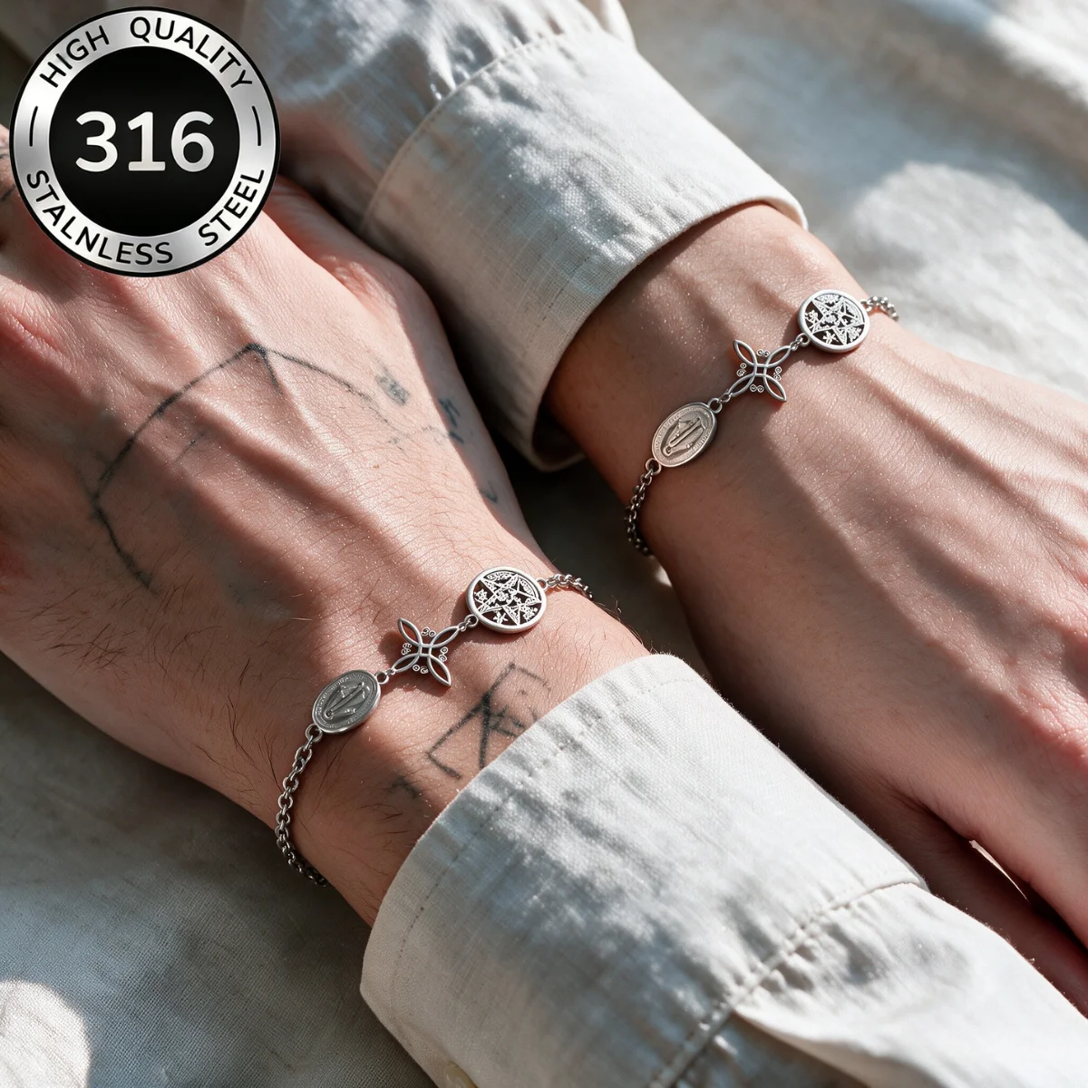 Pulsera Triple Protection Bracelet Silver Color Virgin Mary Witch Knot Pentagram Tetragrammaton Stainless Steel Wrist Jewerly