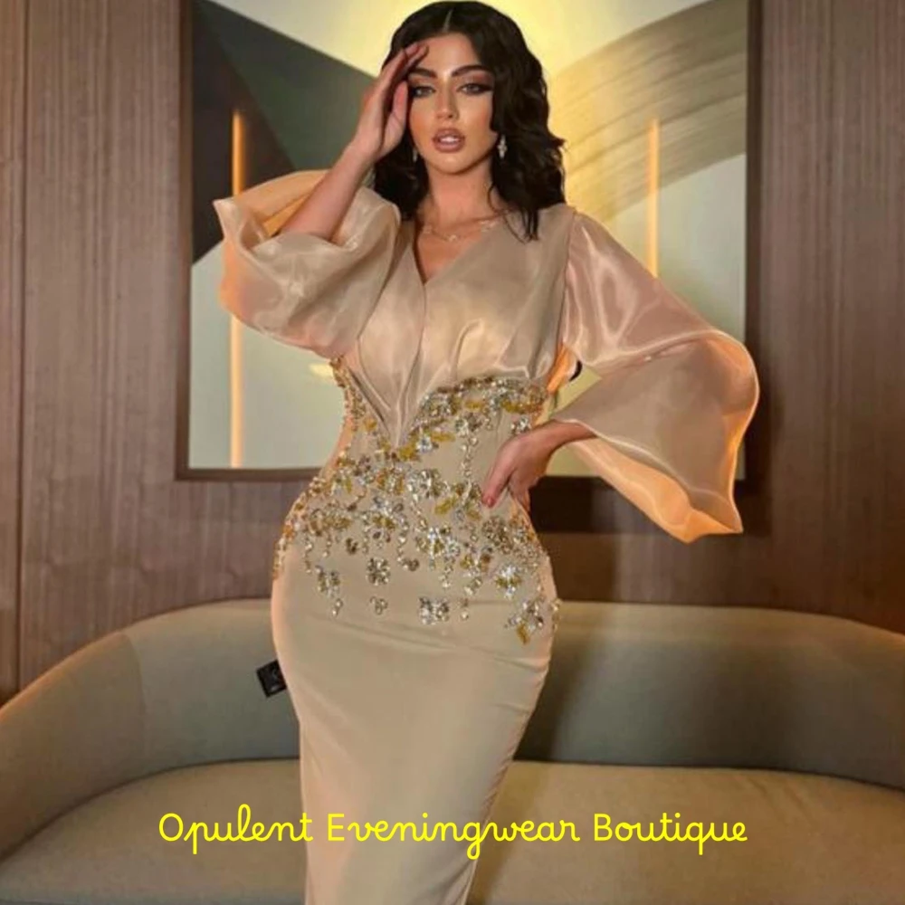 Exquisite V-Neck Jersey Evening Dress Fashion Long Sleeves Mermaid Party Dresses Delicate Appliques Customized Celebrity Gowns