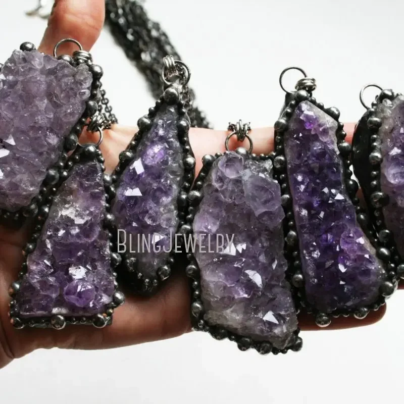 10pcs Amethyst Cluster Necklace Natural Purple Crystal Druzy Geode Witch Wicca Boho Hippy Goth Occult Stainless Steel Jewelry