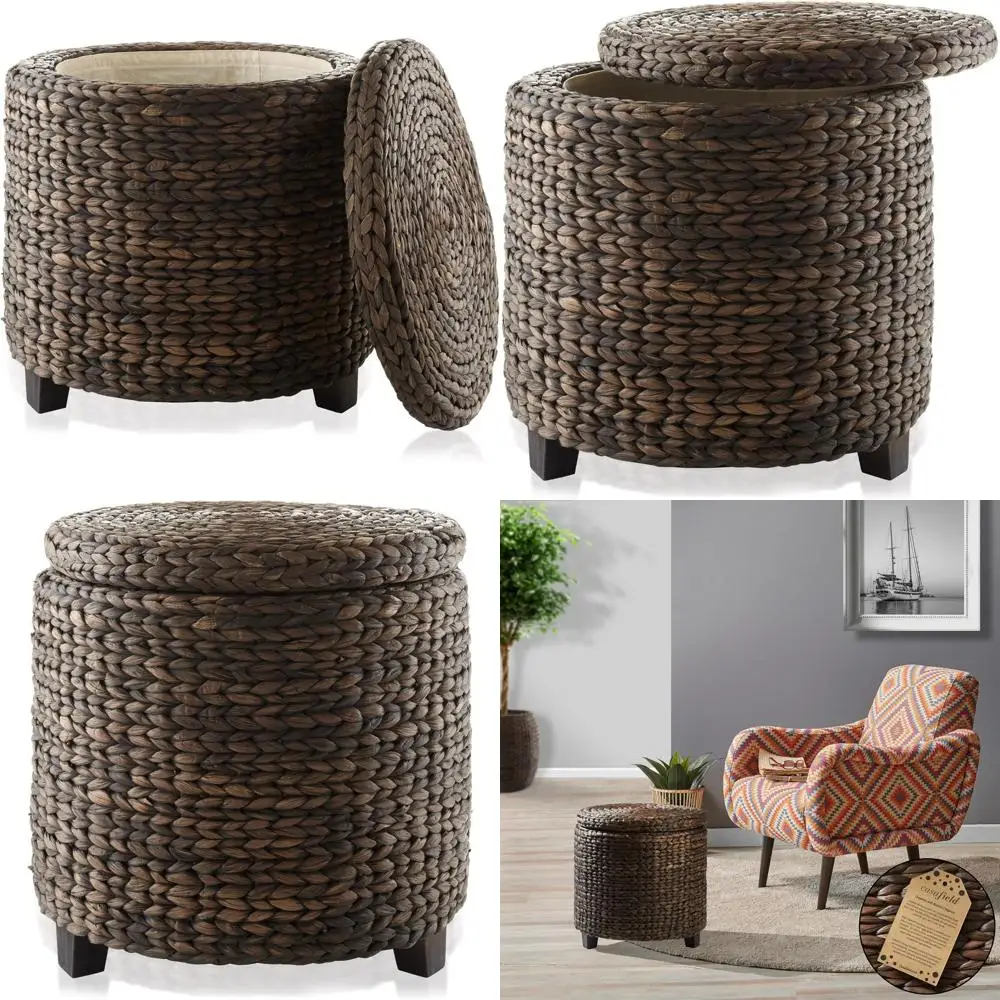 

Espresso Finish Round Storage Ottoman with Handwoven Water Hyacinth Lid, Ideal for Living Room, Bedroom, and Bathroom Use