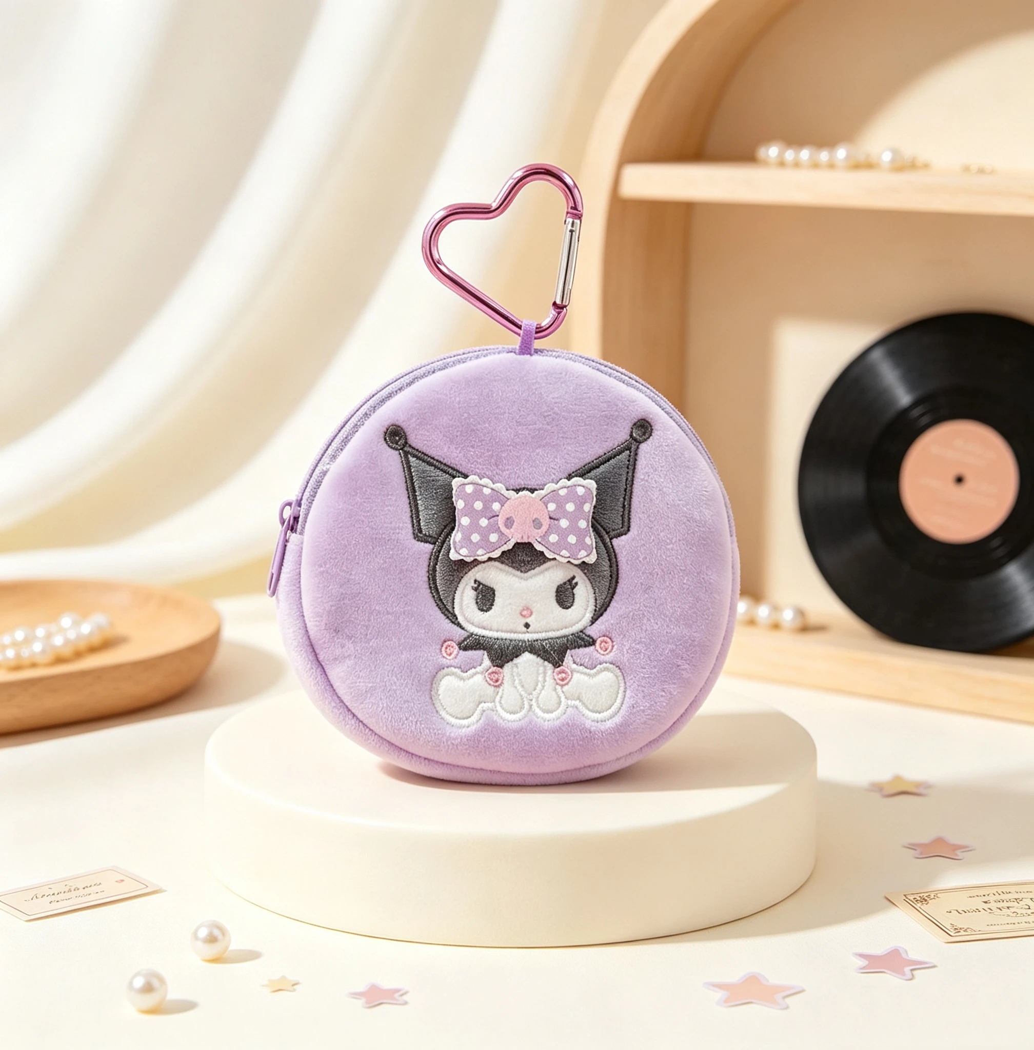 Echte gelicenseerde Kawaii cartoon ronde pluche portemonnee, mini-opbergtas met hartvormige karabijnhaak, draagbare oordopjes etui, decoratieve hanger