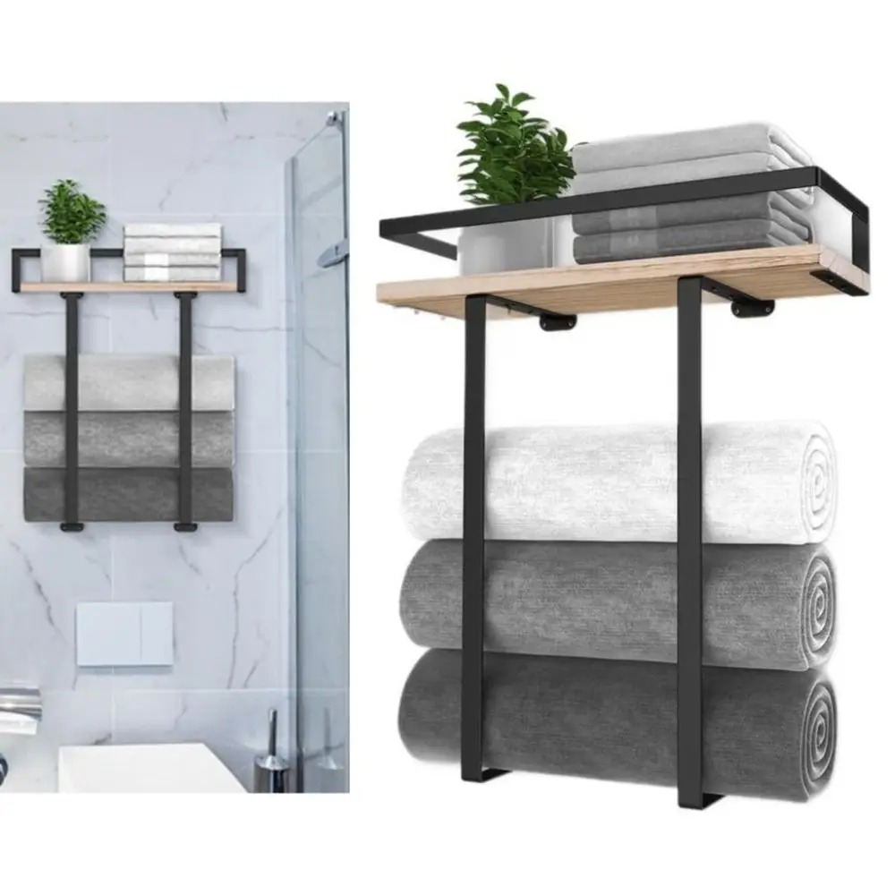 

Wood and Iron Bathroom Shelf Rectangle Shape Rust Proof Shower Shelf Large Capacity Space Saving Storage Rack Bathroom Use