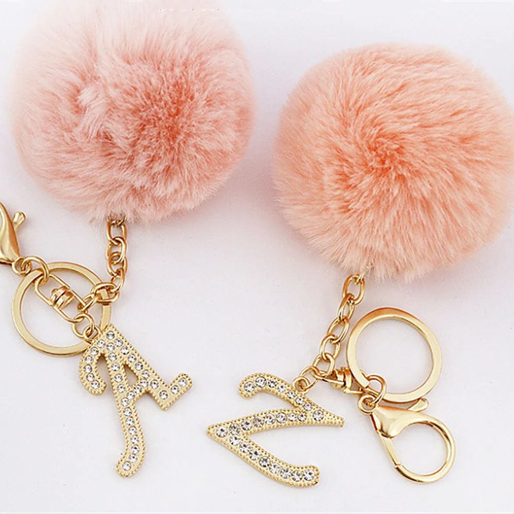 Fashion Creativity Keyring Golden Color English Letter Keychain With Plush Ball 26 Letters A - Z Handbag Charms For Woman Gift