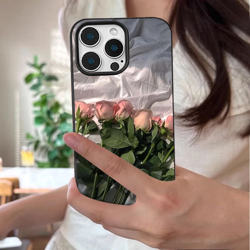 Pink Rose Flowers Phone Case For iPhone 17 Air 16 15 14 Pro Max 13 12 Pro 11 16e Shockproof Silicone Leather Texture TPU Cover - view 3