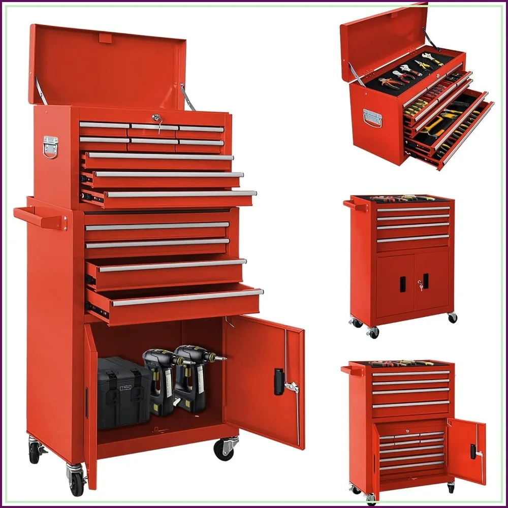 13-Drawer Double Door Rolling Tool Chest, 2 in 1 Detachable Tool Box with Wheels and Lock, Red