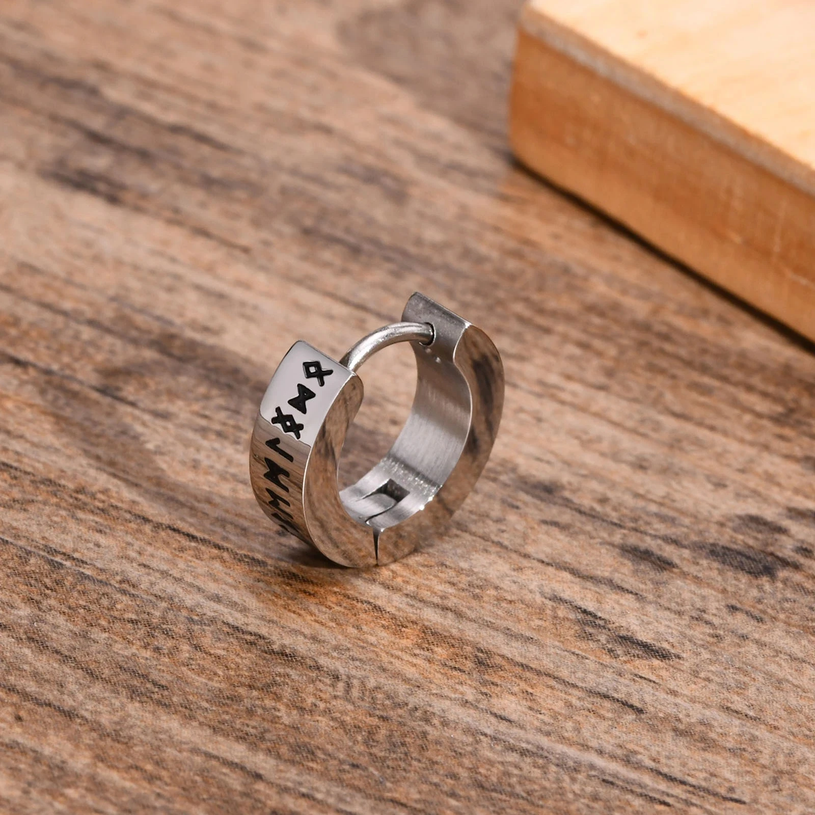 Viking Runes Hoop Earrings for Men, Non Pierced Clip Earrings, Stainless Steel Odin Norse Viking Amulet Letter Words