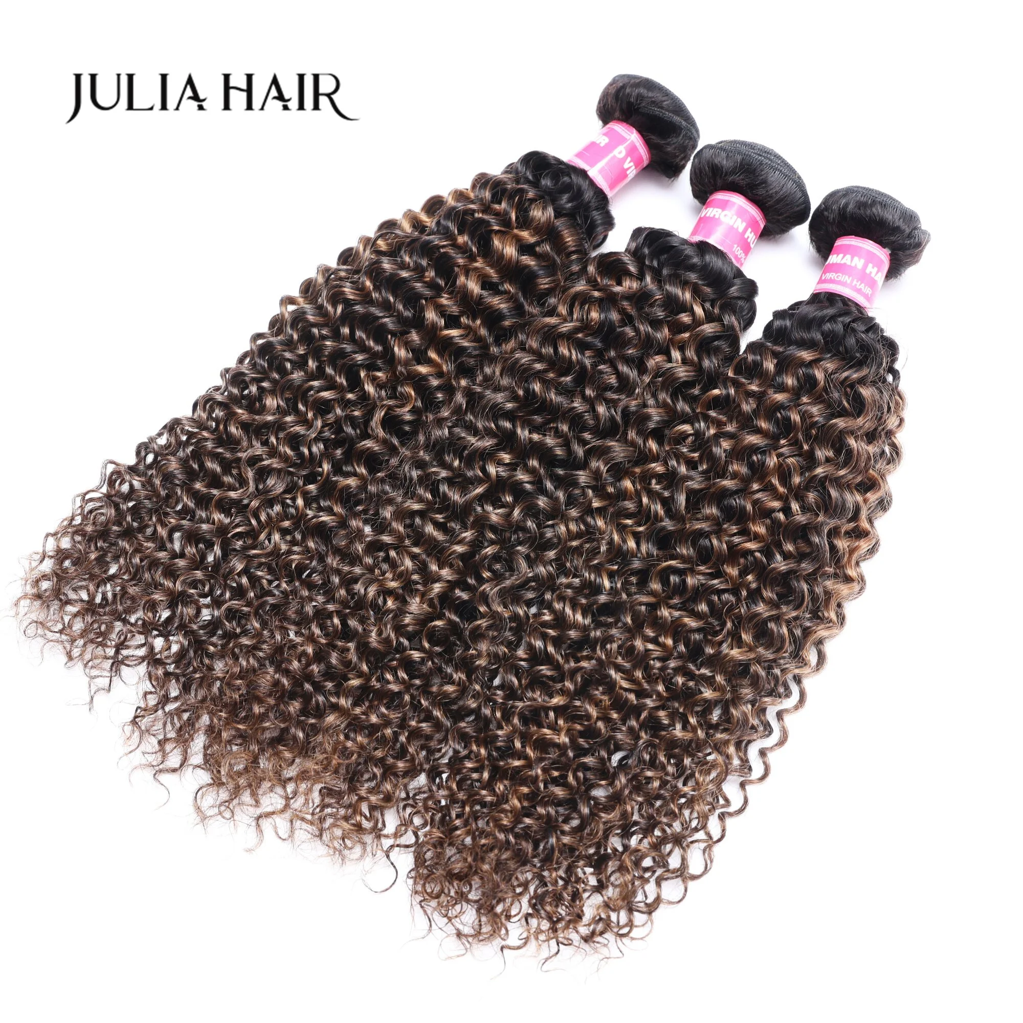 Julia Hair FB30 Highlight Brown Balayage Color Hair Weave Bundles 1/3 Bundles Deals Jerry Curly 100% Virgin Human Hair Bundles