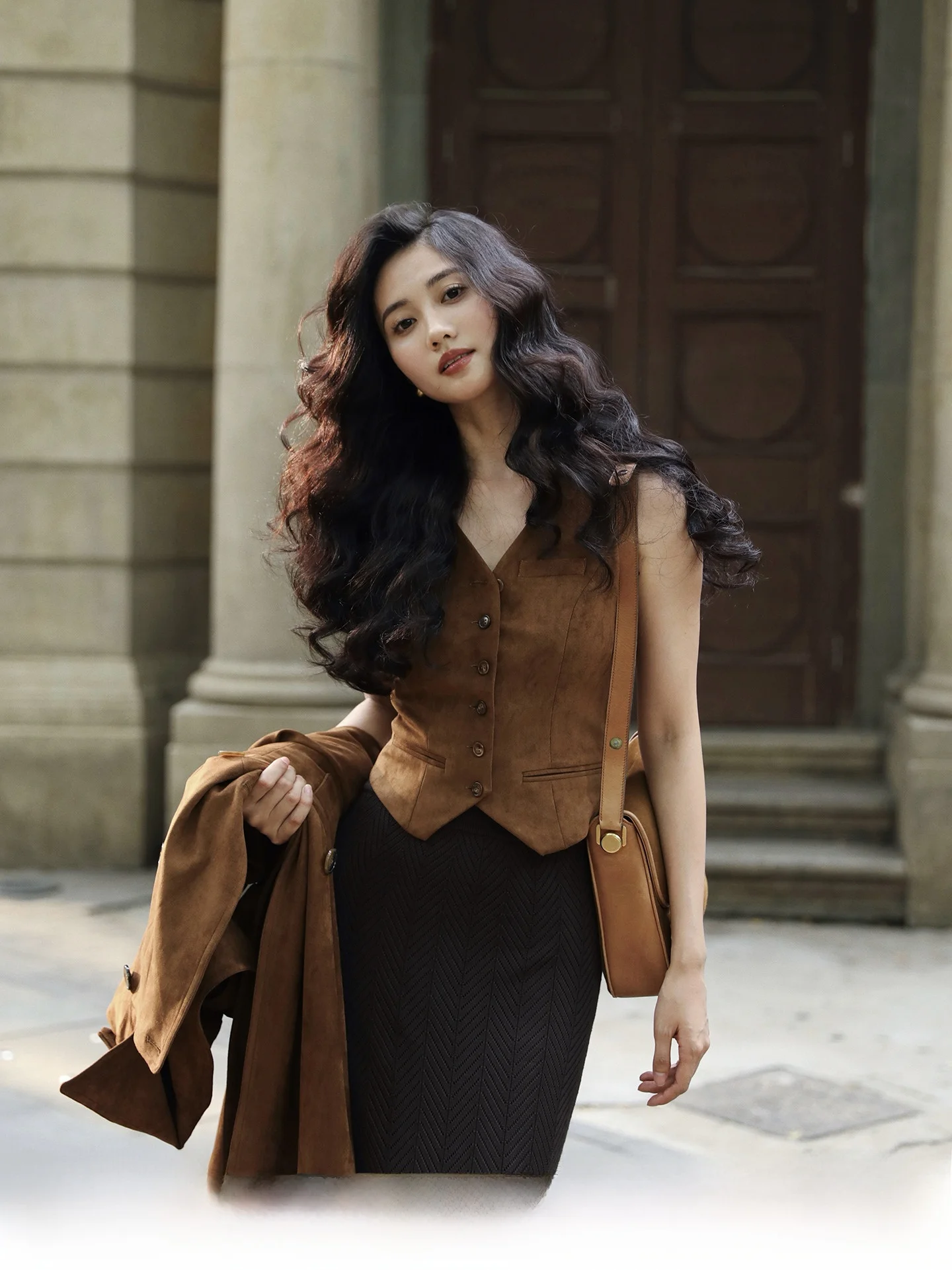 

TAIYANG OFFICE Suede Vest Brown Women's Autumn Winter Slim Fit Sli Commute Top Layering irt Polyester Spandex Blend