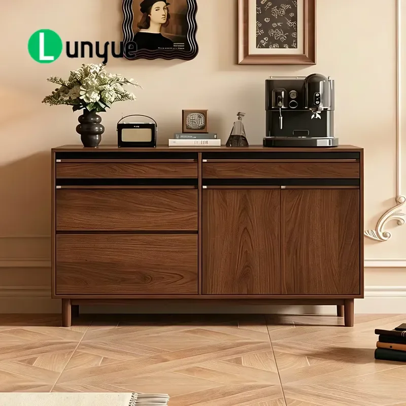 Solid Wood Side Cabinet with Slow Closing Drawers and Open Shelves for Bedroom Hotel Restaurant Storage Furniture