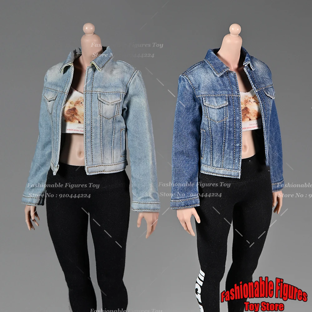 1/6 Women Soldier Coat Vintage Long Sleeve Short Lapel Jeans Jacket Streetwears Denim Outfits Fit 12Inch Action Figure Model