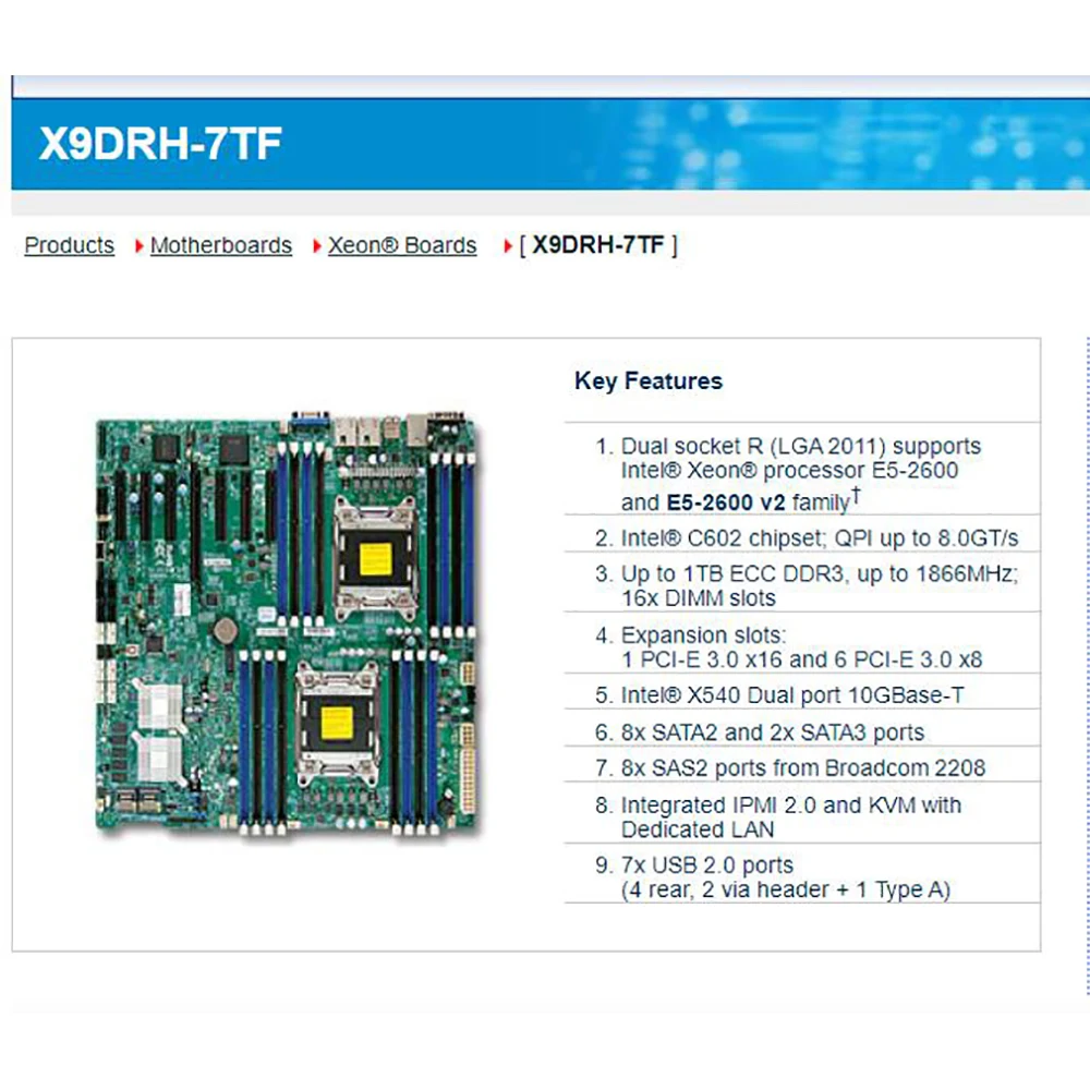 Support E5-2600 V1/V2 Family LGA2011 DDR3 ECC Server Motherboard X9DRH-7TF